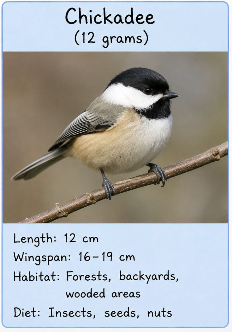 Black-capped Chickadee species card: 12 grams, 12 cm length, 16–19 cm wingspan, forest/backyard habitat, diet of insects, seeds, and nuts